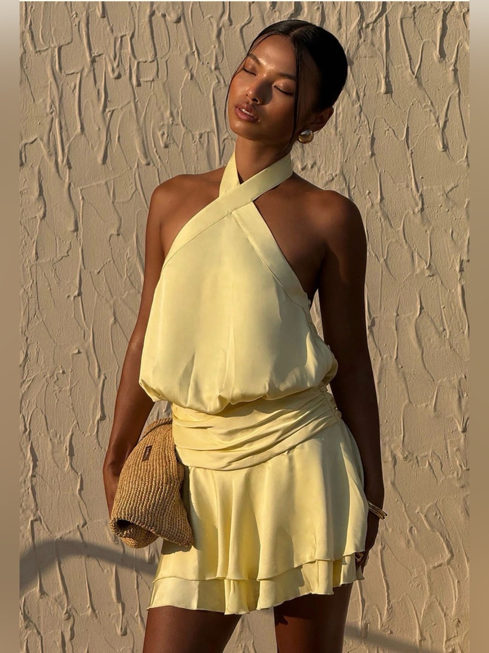 Meshki - Poppy - Satin halter mini dress in lemon BNWT